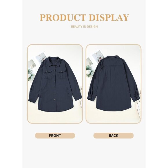 Womens Navy Blue Plus Size Plaid Shacket Long Sleeve Button Down Casual Jacket - Picture 4 of 5